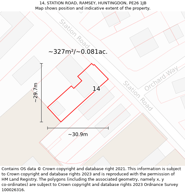 14, STATION ROAD, RAMSEY, HUNTINGDON, PE26 1JB: Plot and title map