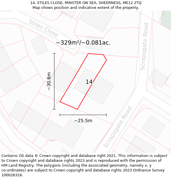 14, STILES CLOSE, MINSTER ON SEA, SHEERNESS, ME12 2TQ: Plot and title map