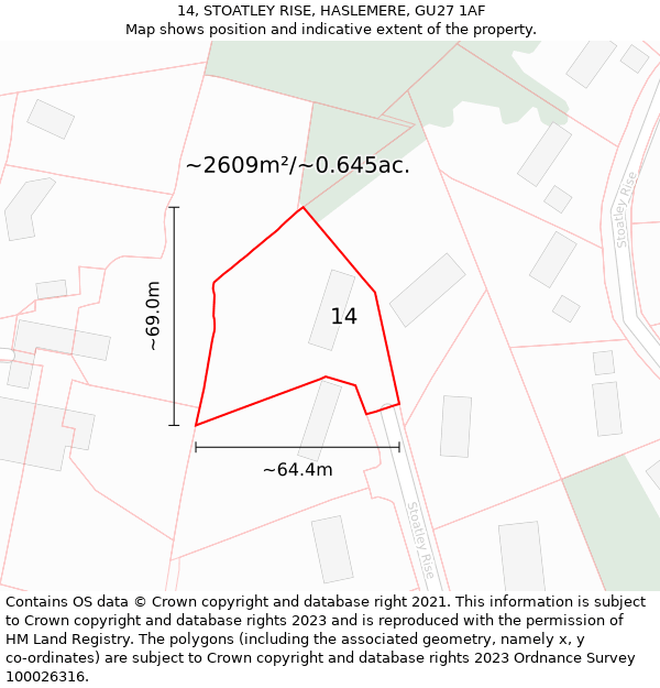 14, STOATLEY RISE, HASLEMERE, GU27 1AF: Plot and title map