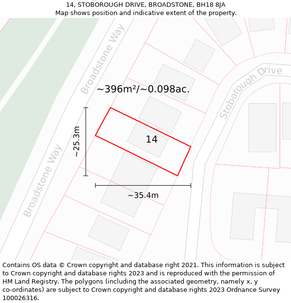 14, STOBOROUGH DRIVE, BROADSTONE, BH18 8JA: Plot and title map