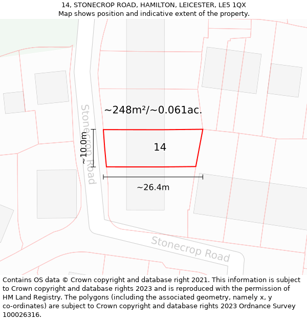 14, STONECROP ROAD, HAMILTON, LEICESTER, LE5 1QX: Plot and title map