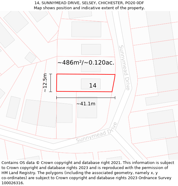 14, SUNNYMEAD DRIVE, SELSEY, CHICHESTER, PO20 0DF: Plot and title map