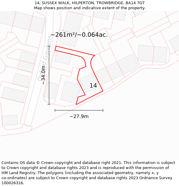 14, SUSSEX WALK, HILPERTON, TROWBRIDGE, BA14 7GT: Plot and title map