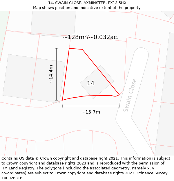 14, SWAIN CLOSE, AXMINSTER, EX13 5HX: Plot and title map