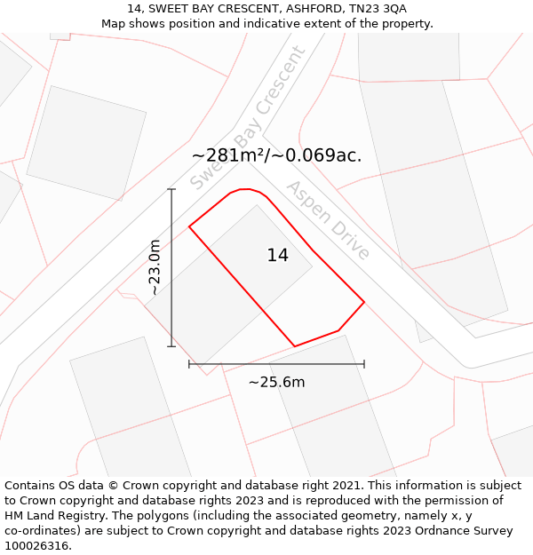 14, SWEET BAY CRESCENT, ASHFORD, TN23 3QA: Plot and title map