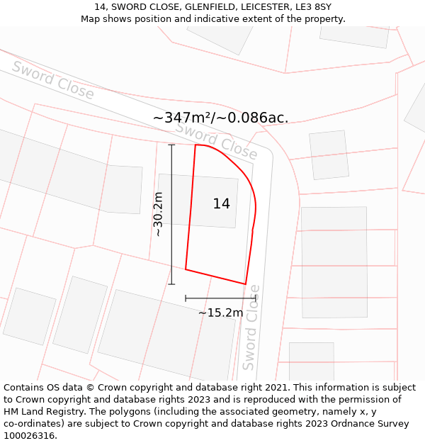 14, SWORD CLOSE, GLENFIELD, LEICESTER, LE3 8SY: Plot and title map