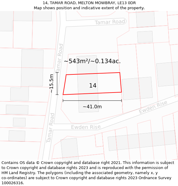 14, TAMAR ROAD, MELTON MOWBRAY, LE13 0DR: Plot and title map