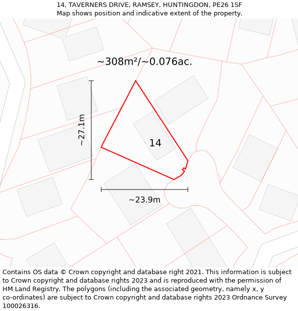 14, TAVERNERS DRIVE, RAMSEY, HUNTINGDON, PE26 1SF: Plot and title map