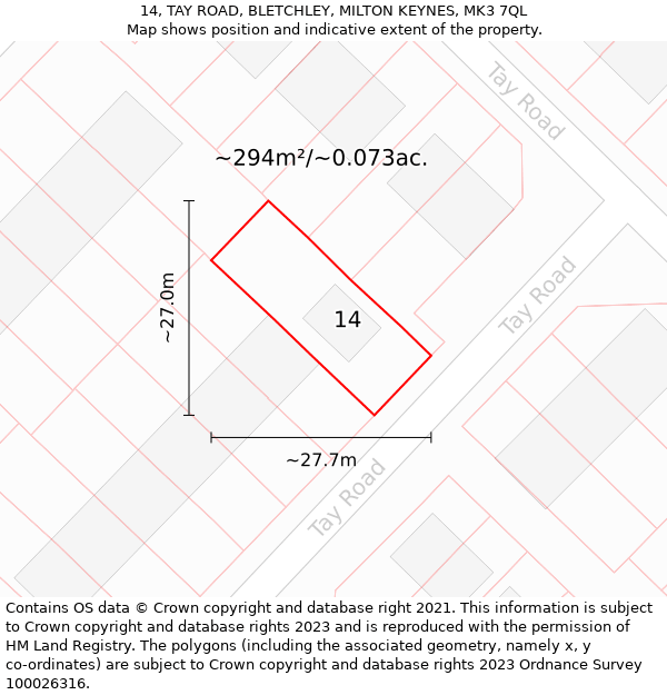 14, TAY ROAD, BLETCHLEY, MILTON KEYNES, MK3 7QL: Plot and title map