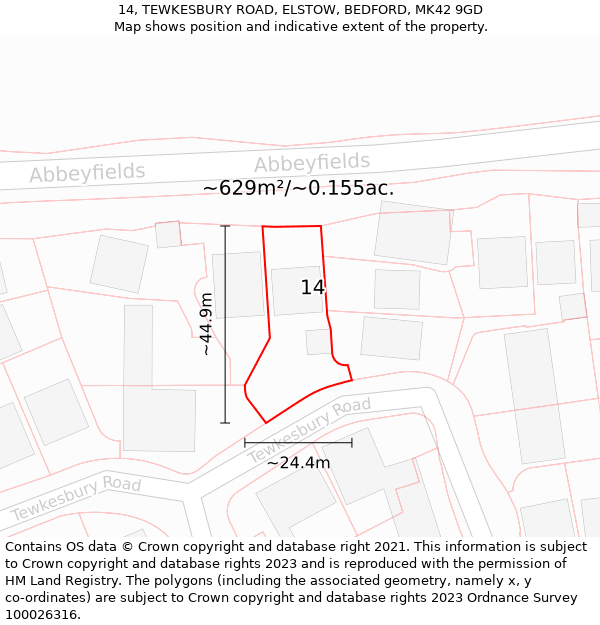 14, TEWKESBURY ROAD, ELSTOW, BEDFORD, MK42 9GD: Plot and title map