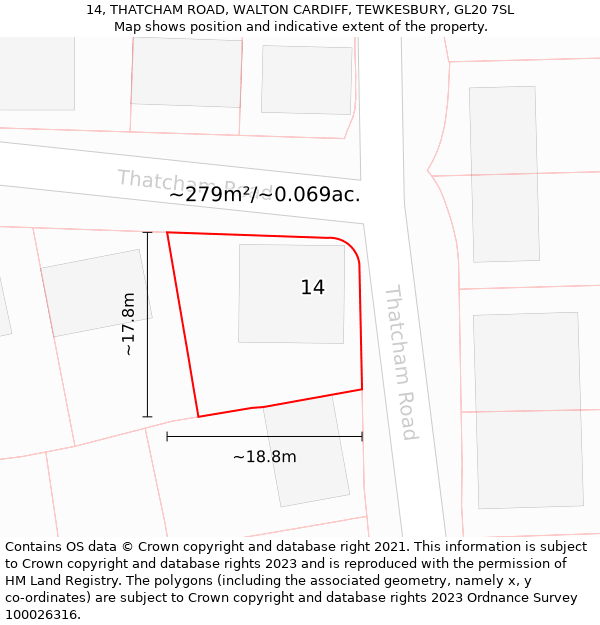 14, THATCHAM ROAD, WALTON CARDIFF, TEWKESBURY, GL20 7SL: Plot and title map