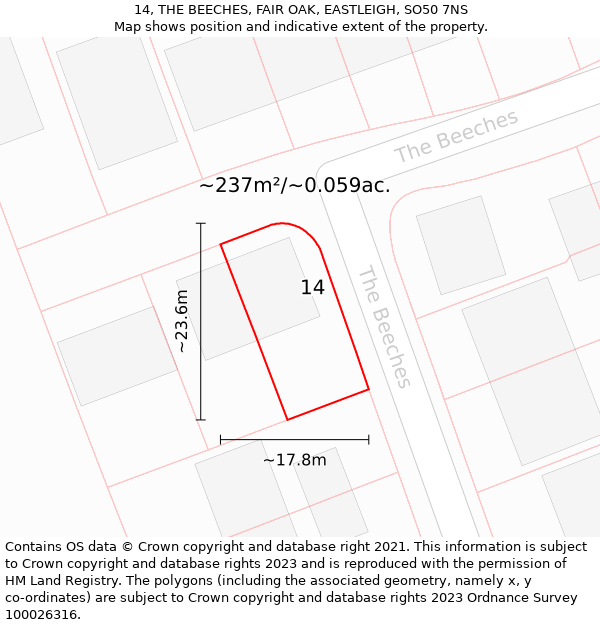 14, THE BEECHES, FAIR OAK, EASTLEIGH, SO50 7NS: Plot and title map