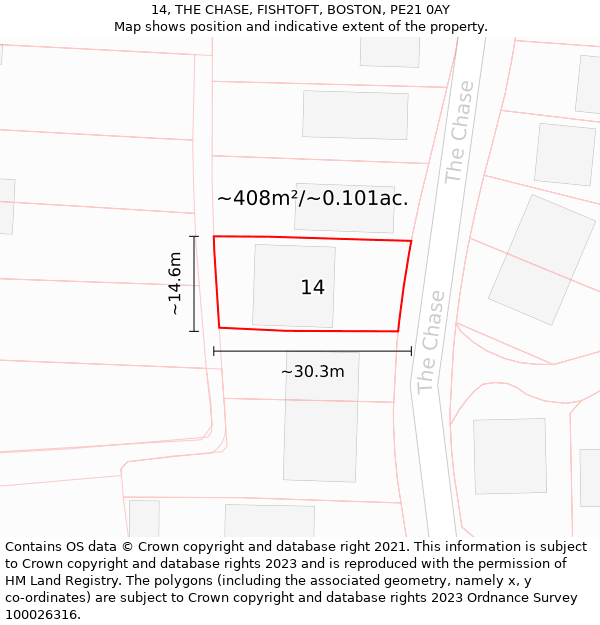 14, THE CHASE, FISHTOFT, BOSTON, PE21 0AY: Plot and title map