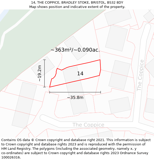 14, THE COPPICE, BRADLEY STOKE, BRISTOL, BS32 8DY: Plot and title map