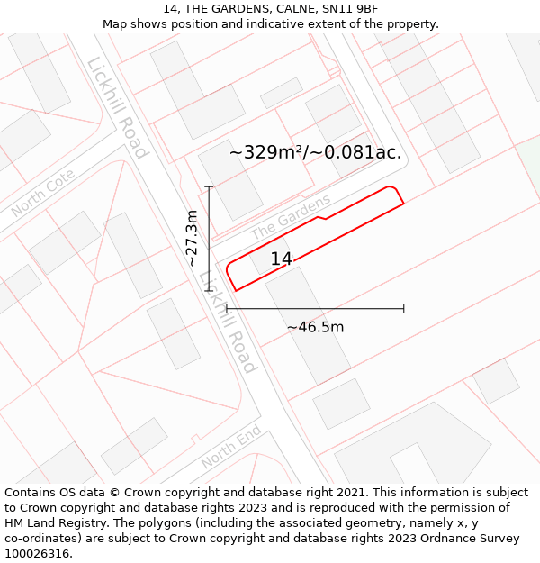 14, THE GARDENS, CALNE, SN11 9BF: Plot and title map