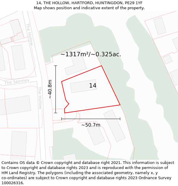 14, THE HOLLOW, HARTFORD, HUNTINGDON, PE29 1YF: Plot and title map