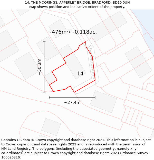 14, THE MOORINGS, APPERLEY BRIDGE, BRADFORD, BD10 0UH: Plot and title map