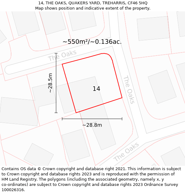 14, THE OAKS, QUAKERS YARD, TREHARRIS, CF46 5HQ: Plot and title map