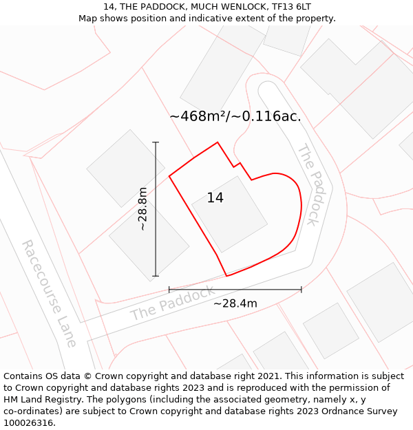 14, THE PADDOCK, MUCH WENLOCK, TF13 6LT: Plot and title map