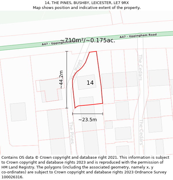 14, THE PINES, BUSHBY, LEICESTER, LE7 9RX: Plot and title map