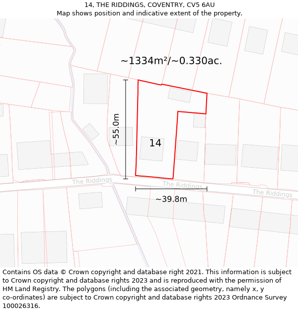 14, THE RIDDINGS, COVENTRY, CV5 6AU: Plot and title map