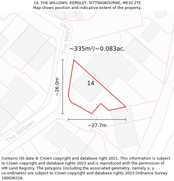 14, THE WILLOWS, KEMSLEY, SITTINGBOURNE, ME10 2TE: Plot and title map