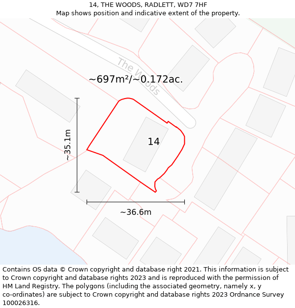 14, THE WOODS, RADLETT, WD7 7HF: Plot and title map