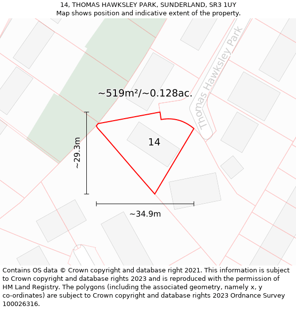 14, THOMAS HAWKSLEY PARK, SUNDERLAND, SR3 1UY: Plot and title map