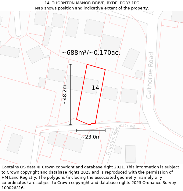 14, THORNTON MANOR DRIVE, RYDE, PO33 1PG: Plot and title map
