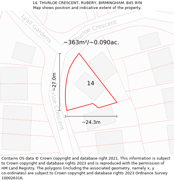 14, THURLOE CRESCENT, RUBERY, BIRMINGHAM, B45 9YN: Plot and title map