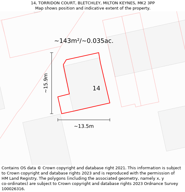 14, TORRIDON COURT, BLETCHLEY, MILTON KEYNES, MK2 3PP: Plot and title map