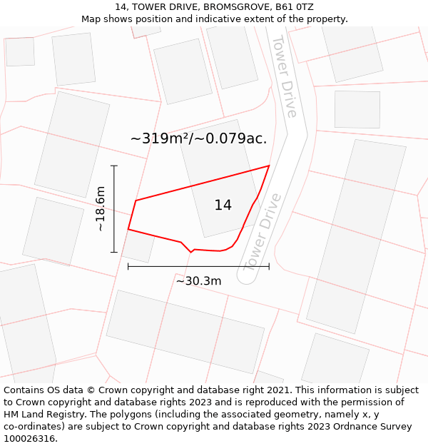 14, TOWER DRIVE, BROMSGROVE, B61 0TZ: Plot and title map