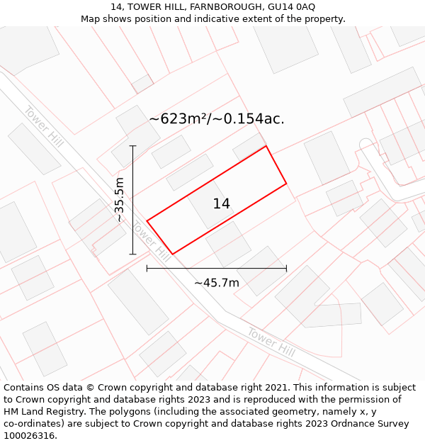 14, TOWER HILL, FARNBOROUGH, GU14 0AQ: Plot and title map