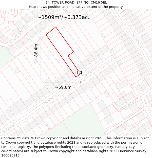 14, TOWER ROAD, EPPING, CM16 5EL: Plot and title map