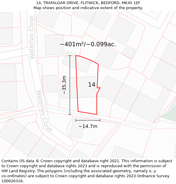 14, TRAFALGAR DRIVE, FLITWICK, BEDFORD, MK45 1EF: Plot and title map