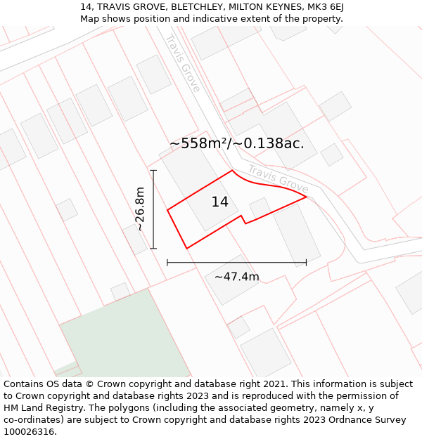 14, TRAVIS GROVE, BLETCHLEY, MILTON KEYNES, MK3 6EJ: Plot and title map