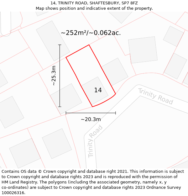 14, TRINITY ROAD, SHAFTESBURY, SP7 8FZ: Plot and title map