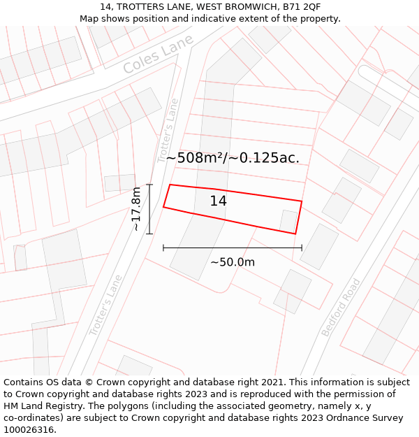 14, TROTTERS LANE, WEST BROMWICH, B71 2QF: Plot and title map