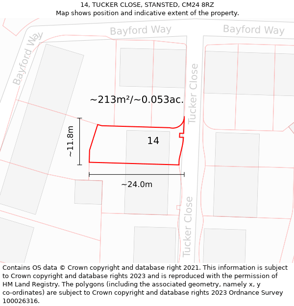 14, TUCKER CLOSE, STANSTED, CM24 8RZ: Plot and title map