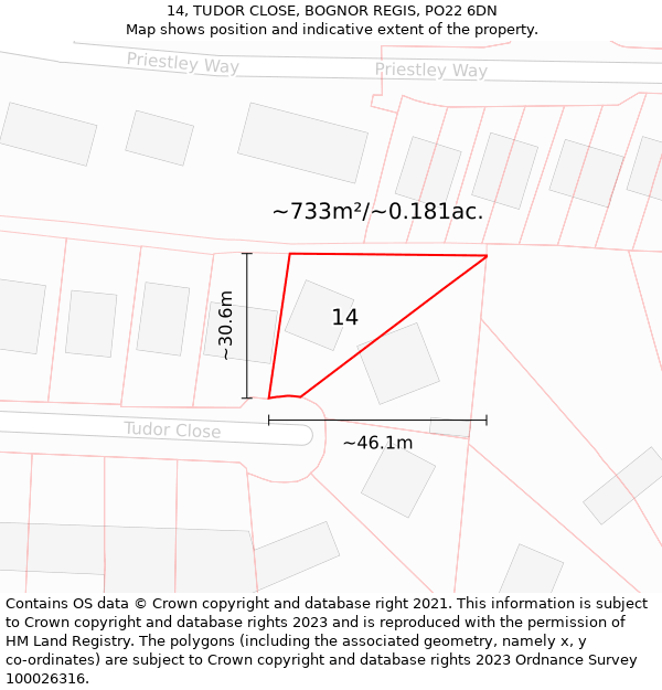 14, TUDOR CLOSE, BOGNOR REGIS, PO22 6DN: Plot and title map