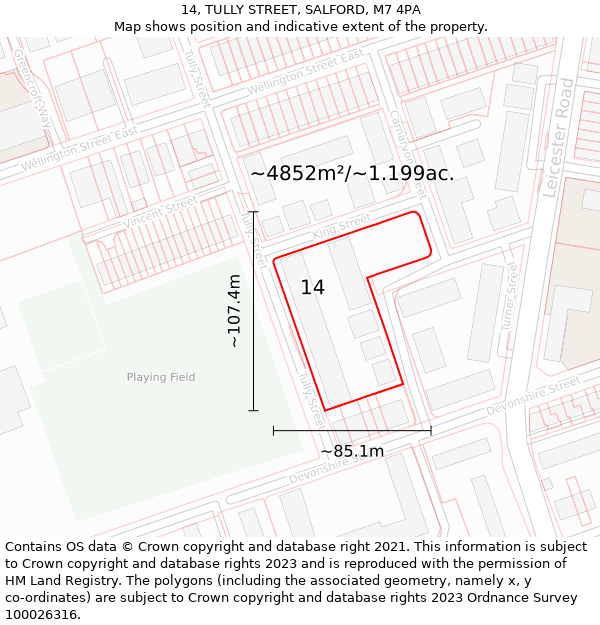 14, TULLY STREET, SALFORD, M7 4PA: Plot and title map