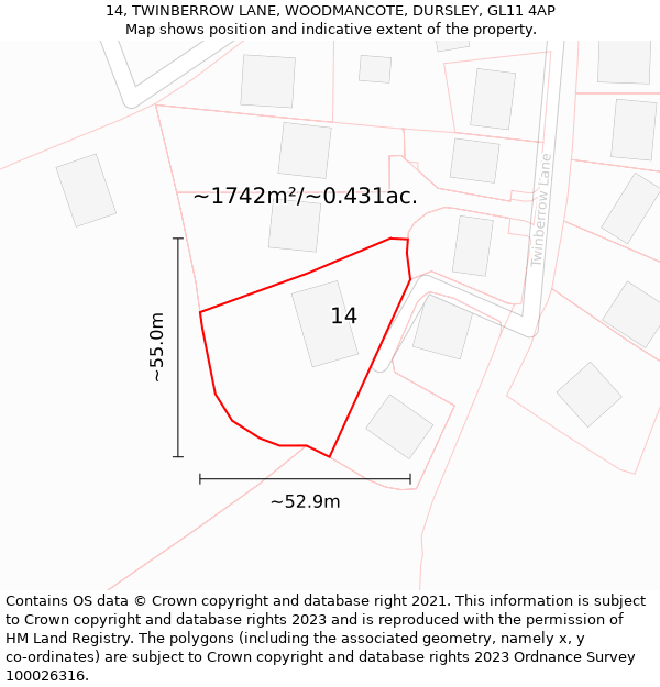 14, TWINBERROW LANE, WOODMANCOTE, DURSLEY, GL11 4AP: Plot and title map