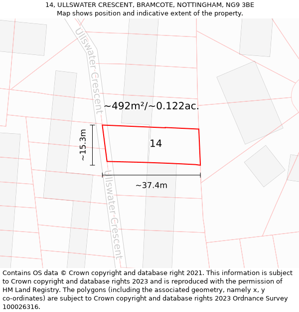 14, ULLSWATER CRESCENT, BRAMCOTE, NOTTINGHAM, NG9 3BE: Plot and title map