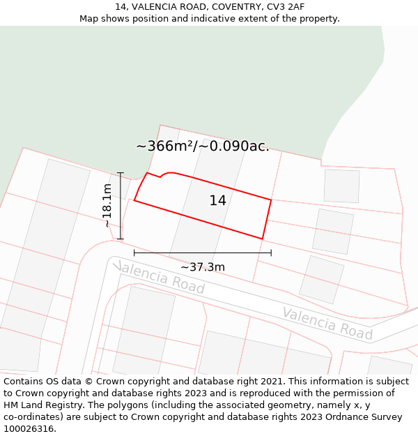 14, VALENCIA ROAD, COVENTRY, CV3 2AF: Plot and title map