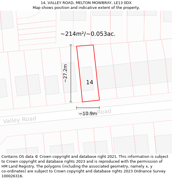 14, VALLEY ROAD, MELTON MOWBRAY, LE13 0DX: Plot and title map