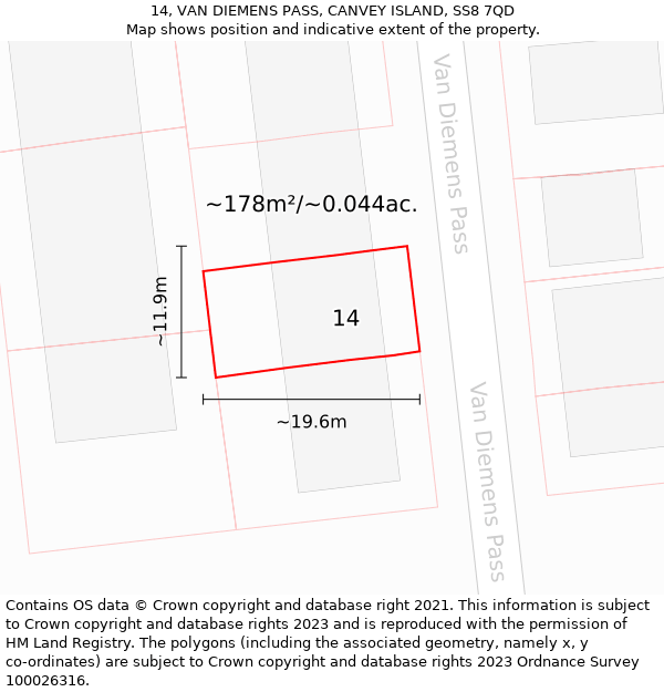 14, VAN DIEMENS PASS, CANVEY ISLAND, SS8 7QD: Plot and title map