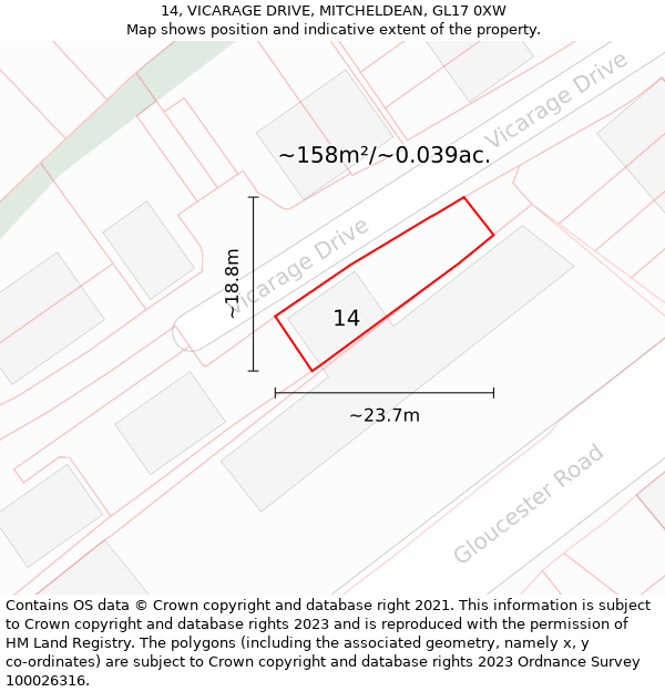 14, VICARAGE DRIVE, MITCHELDEAN, GL17 0XW: Plot and title map