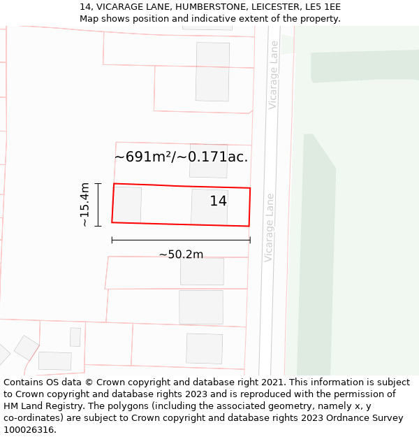 14, VICARAGE LANE, HUMBERSTONE, LEICESTER, LE5 1EE: Plot and title map