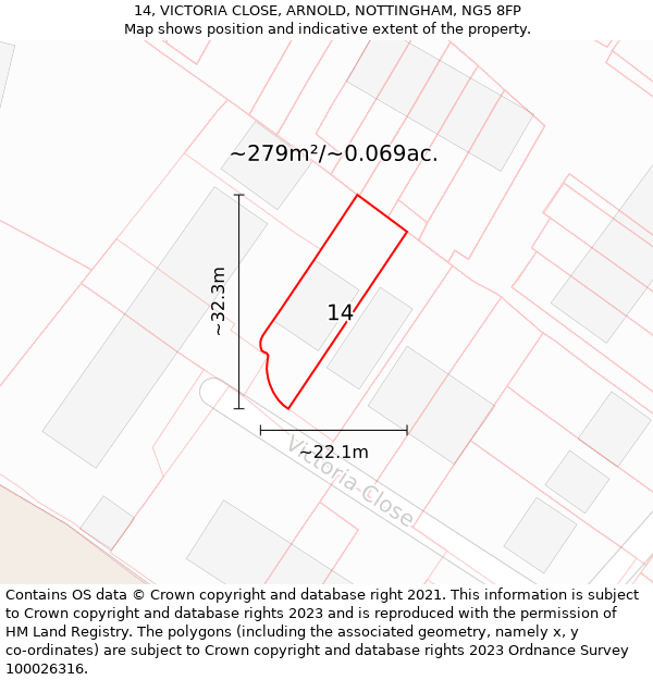 14, VICTORIA CLOSE, ARNOLD, NOTTINGHAM, NG5 8FP: Plot and title map