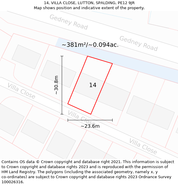 14, VILLA CLOSE, LUTTON, SPALDING, PE12 9JR: Plot and title map